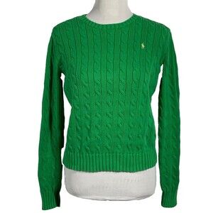 Ralph Lauren Cable Knit Sweater Women L  Kelly Green Cotton Yellow Pony Preppy